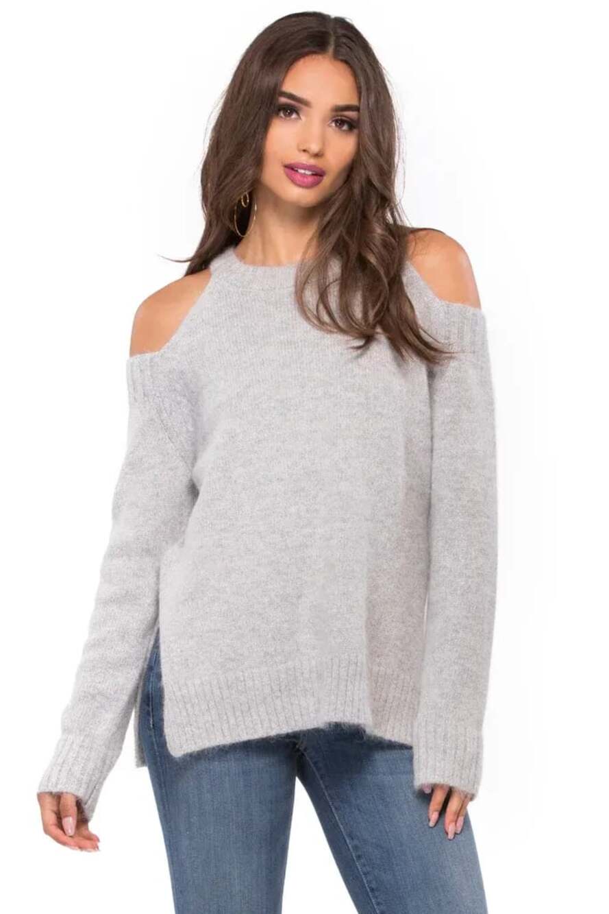 J.O.A. Los Angeles Gray Cold-Shoulder Sweater Style KR1009